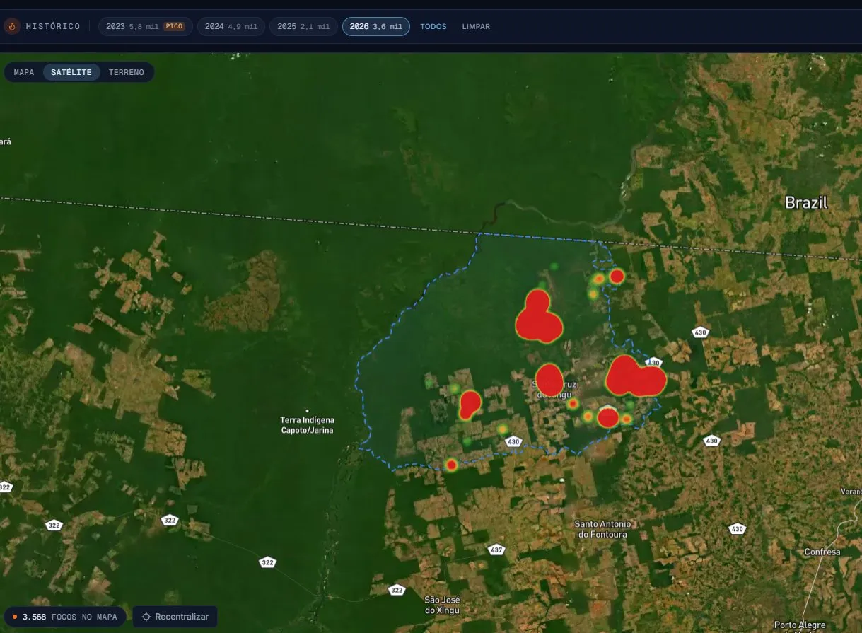 Mapa de focos de calor e cicatriz de fogo por satélite